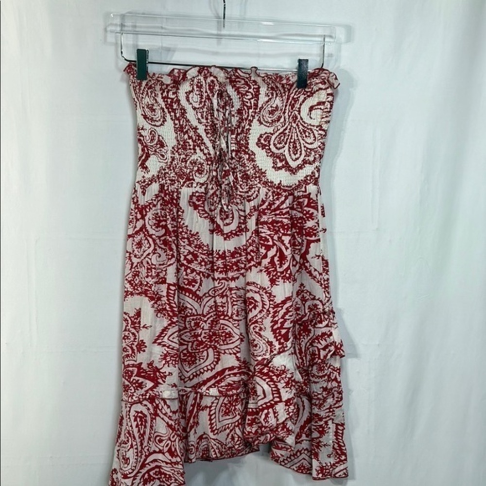 🏕️ Fire Boho Red & White paisley bandanna Strapless Dress
